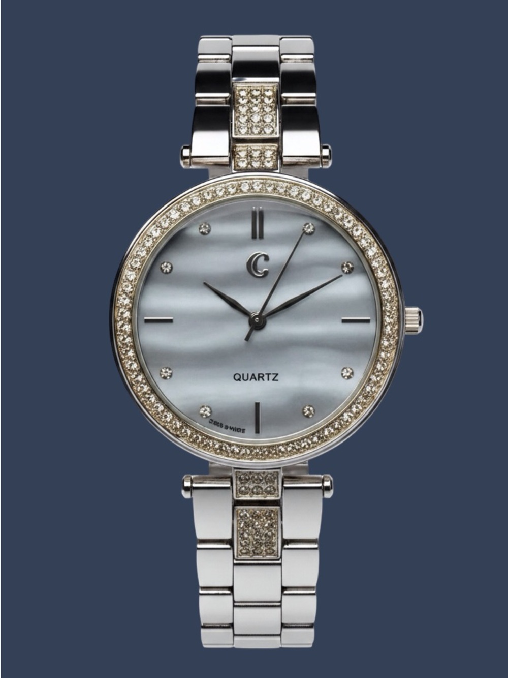 Stainless Steel Charming Charlie Blue Face Watch Iced With Gems 7" Bracelet Band